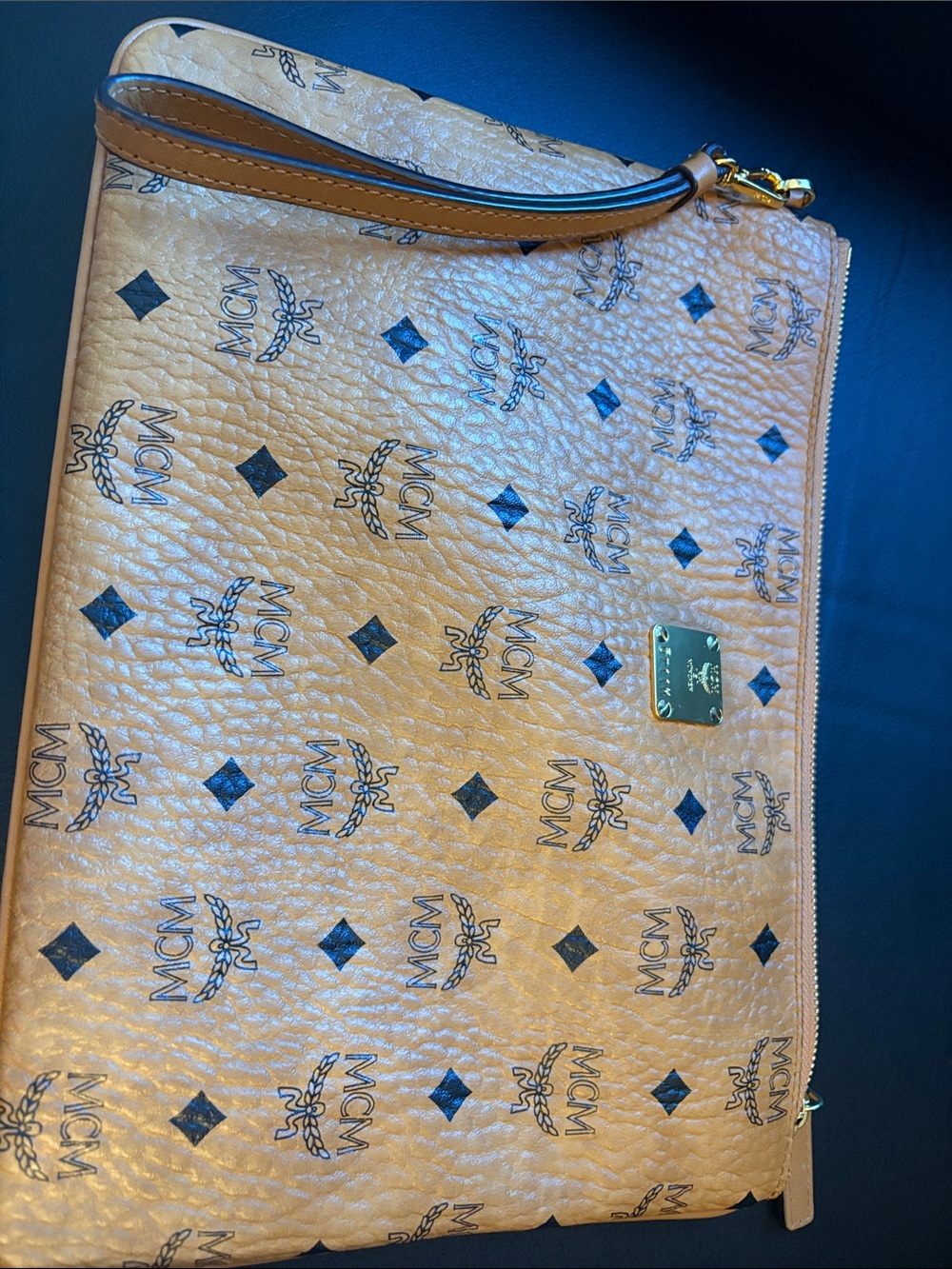 MCM Cognac Logo Zip Wristlet Clutch with Gold Hardware